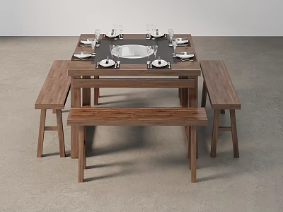 Square Wooden Table and Bench Set with Dinnerware and Circular Tray 3d model