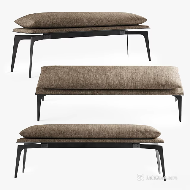 Modern Stylish Sofa Bench With Brown Fabric Cushion And Black Metal Frame 3d model 