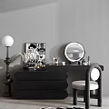 Black Dressing Table With Round Mirror Cosmetics Decor And Stylish Chair 3d model