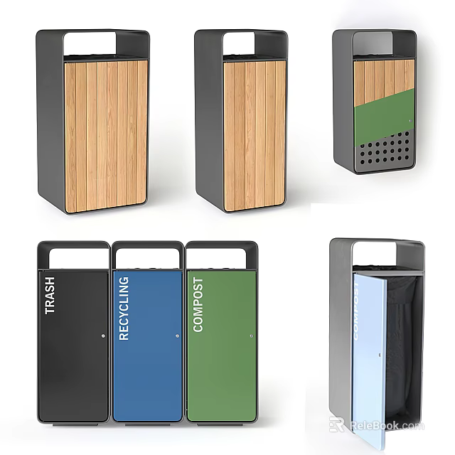 Public Facilities Trash Recycling Compost Bins With Wooden Panels And Colorful Compartments 3d model 