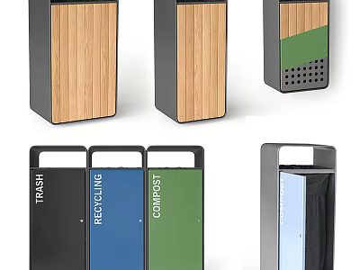 Public Facilities Trash Recycling Compost Bins With Wooden Panels And Colorful Compartments 3d model