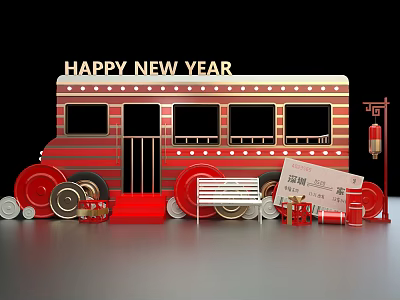 Happy New Year Scene With Vintage Red Tram Lanterns Tickets And Bench 3d model