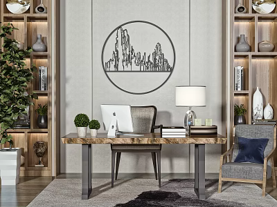 Modern Wooden Desk With Laptop Table Lamp Books Potted Plants And Wall Art 3d model
