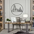 Modern Wooden Desk With Laptop Table Lamp Books Potted Plants And Wall Art