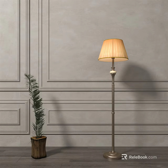 Beige Lampshade Floor Lamp With Metal Stand Near Gray Paneled Wall And Potted Plant 3d model 