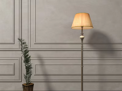 Beige Lampshade Floor Lamp With Metal Stand Near Gray Paneled Wall And Potted Plant 3d model