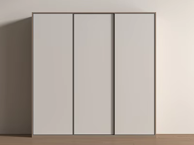 Modern Three Panel Sliding Wardrobe in Light Gray with White Wall and Wooden Floor 3d model