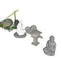 Japanese Courtyard Garden Design With Stone Lantern Buddha Statue Bamboo Structure And Green Plants