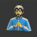 Man Wearing Blue Tracksuit With White Stripes Clasping Hands And Snow Like Head