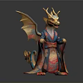 Mythical Golden Horned Dragon Statue in Colorful Traditional Attire with Decorative Wings