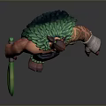 Tribal Warrior Character With Muscular Build Tattooed Body Green Weapon Feathered Headdress And Beaded Accessories