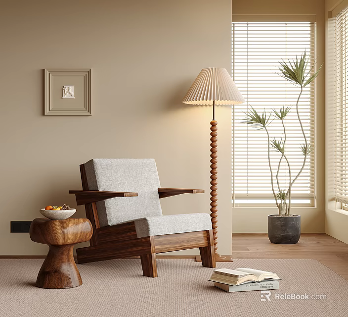 Accent Chair With Wooden Frame Light Gray Cushion In Cozy Living Room With Floor Lamp Potted Plant And Window Blinds 3d model 