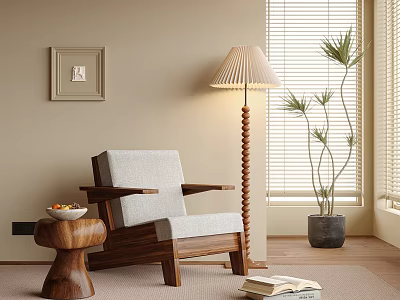Accent Chair With Wooden Frame Light Gray Cushion In Cozy Living Room With Floor Lamp Potted Plant And Window Blinds 3d model