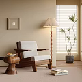 Accent Chair With Wooden Frame Light Gray Cushion In Cozy Living Room With Floor Lamp Potted Plant And Window Blinds