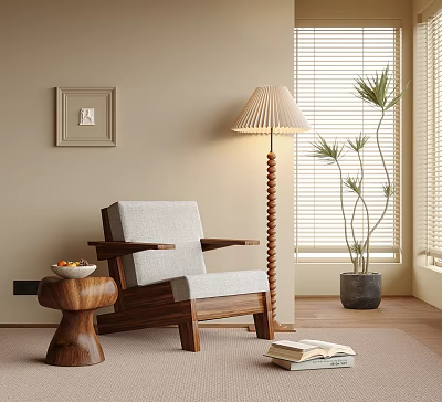 Accent Chair With Wooden Frame Light Gray Cushion In Cozy Living Room With Floor Lamp Potted Plant And Window Blinds 3d model