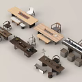 Modern Wooden Tea Table and Chairs with Stools and Tea Accessories 3d model