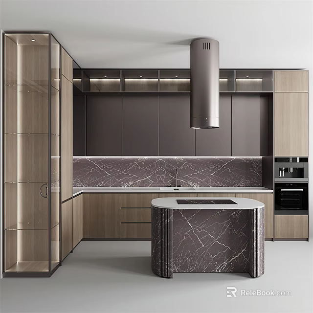 Modern Kitchen Interior With Wooden Cabinets Marble Island And Marble Countertop Range Hood 3d model 