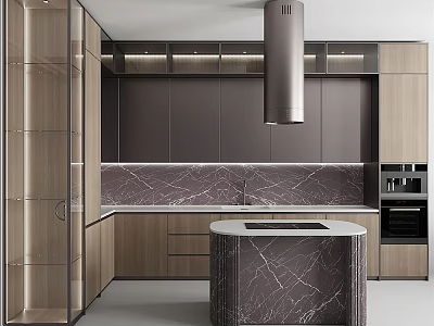 Modern Kitchen Interior With Wooden Cabinets Marble Island And Marble Countertop Range Hood 3d model