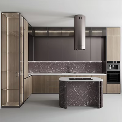 Modern Kitchen Interior With Wooden Cabinets Marble Island And Marble Countertop Range Hood 3d model