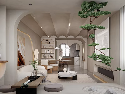 Modern Living Dining Room Interior With Arched Elements Sofa Coffee Table And Green Plant 3d model