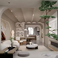 Modern Living Dining Room Interior With Arched Elements Sofa Coffee Table And Green Plant 3d model
