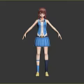 3D Anime Female Character With Red Hair Blue Outfit White Socks And Yellow Shoes