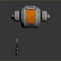 Silver Metallic Robot Character With Orange Accents Large Ears And Red Eye
