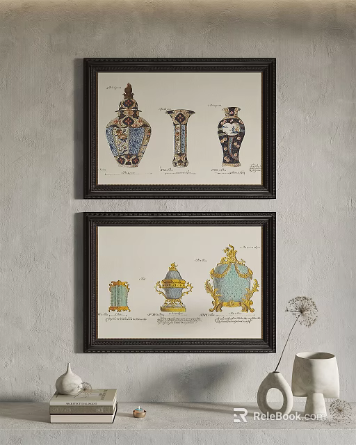 Decorative Vase Illustrations In Framed Wall Art With Intricate Patterns 3d model