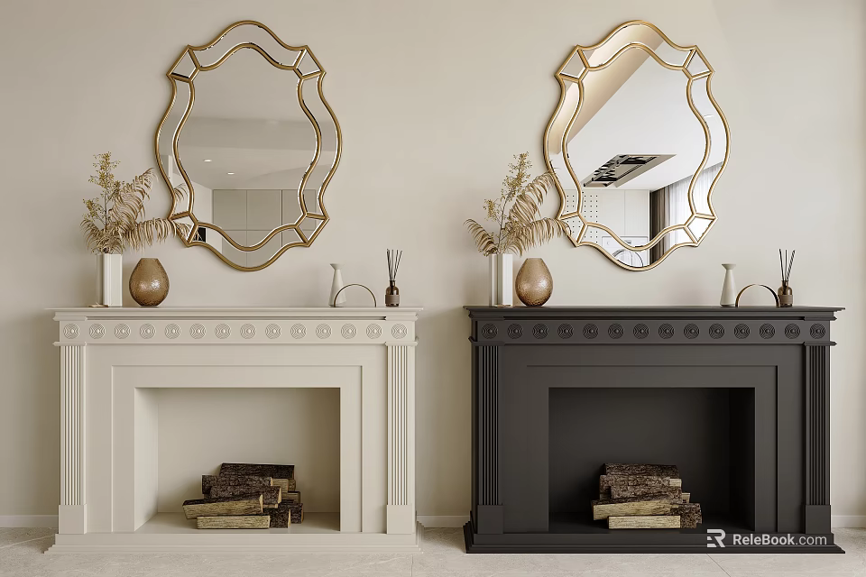 White and Black Fireplaces with Gold Framed Mirrors Decorative Dried Flowers and Stacked Logs 3d model 