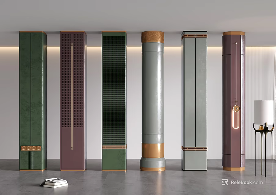 Modern Decorative Columns With Various Colors Textured Surfaces And Gold Accents 3d model 