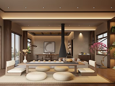 Japanese Style Clubhouse Interior With Tatami Seating And Decorations 3d model