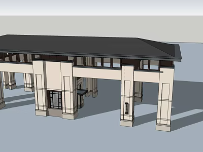 Modern Entrance Gate Design With Black Roof White Columns And Glass Windows 3d model