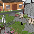 Tranquil Courtyard Garden Featuring Green Lawn Trees Stone Seating Swing And Pathway