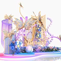 Floral Art Installation Featuring Golden Butterflies Purple Blue Flowers Beaded Accents and Gradient Decorative Base