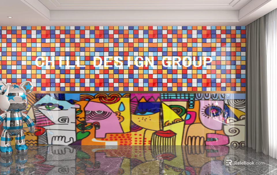 Colorful Mosaic Feature Wall With CHITI DESIGN GROUP Lettering And Abstract Figures In Interior Design 3d model 