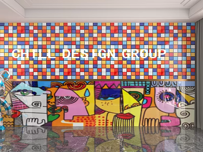 Colorful Mosaic Feature Wall With CHITI DESIGN GROUP Lettering And Abstract Figures In Interior Design 3d model