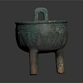 Ancient Bronze Tripod With Green Patina Double Handles Three Legs And Decorative Patterns