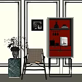 Elegant Black And Red Decorative Cabinet With Vase Green Bowl And Drawers