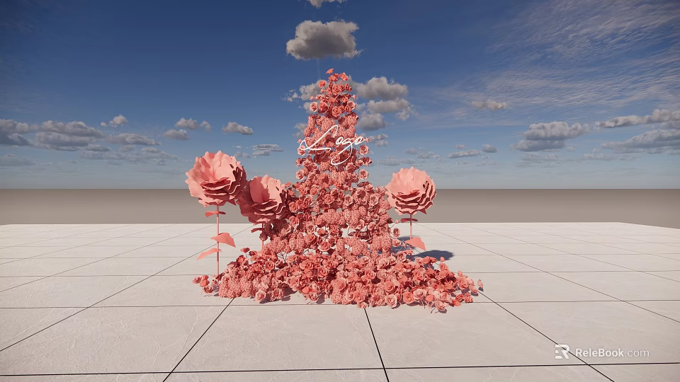 Pink Flower Tower Photo Check In Spot With Paper Flowers And Blue Sky 3d model 