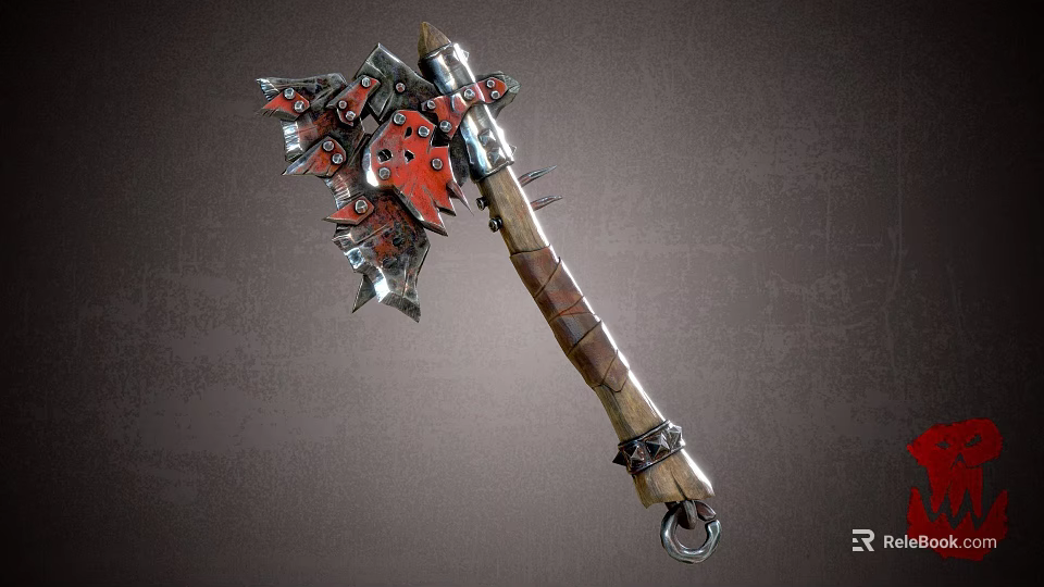 Medieval Red Metal Battle Axe with Wooden Handle and Spiked Decorative Blades 3d model 