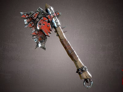 Medieval Red Metal Battle Axe with Wooden Handle and Spiked Decorative Blades 3d model