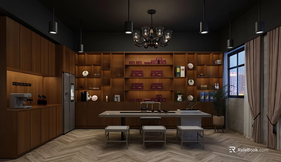 Stylish Hotel Public Lounge With Wooden Bookshelves Chandelier And Cozy Seating 3d model 