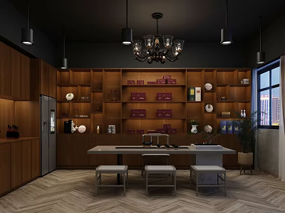 Stylish Hotel Public Lounge With Wooden Bookshelves Chandelier And Cozy Seating 3d model