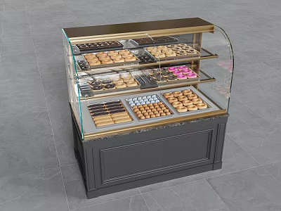 Bakery Display Showcase With Assorted Pastries Donuts Cookies Glass Cover Shelves Dark Base Gold Top 3d model