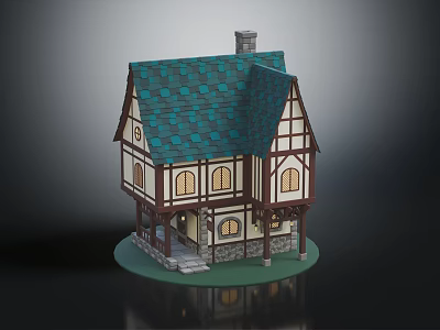 Traditional Timber Frame House With Teal Tiled Roof Chimney And Windows 3d model
