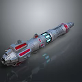 Futuristic Sci Fi Weapon with Silver Metallic Body Red Accents and Blue Glowing Elements