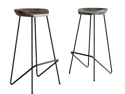 Modern Bar Stools With Black Metal Frame And Wooden Textured Seat Design 3d model
