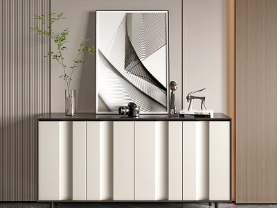 Sleek Modern Entryway Console Cabinet With White Panels Black Countertop And Decorative Artwork 3d model