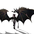 Mythical Game Character With Spiked Purple Black Wings Decorative Staff Purple Hair And Elaborate Outfit