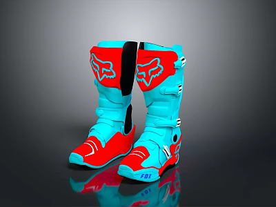 Blue And Red Protective Motorcycle Boots With Fox Logo And FLY Brand Design 3d model